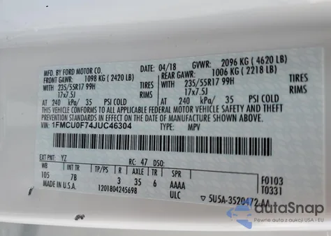 2018 Ford Escape S z USA, uszkodzony, nr VIN 1FMCU0F74JUC46304